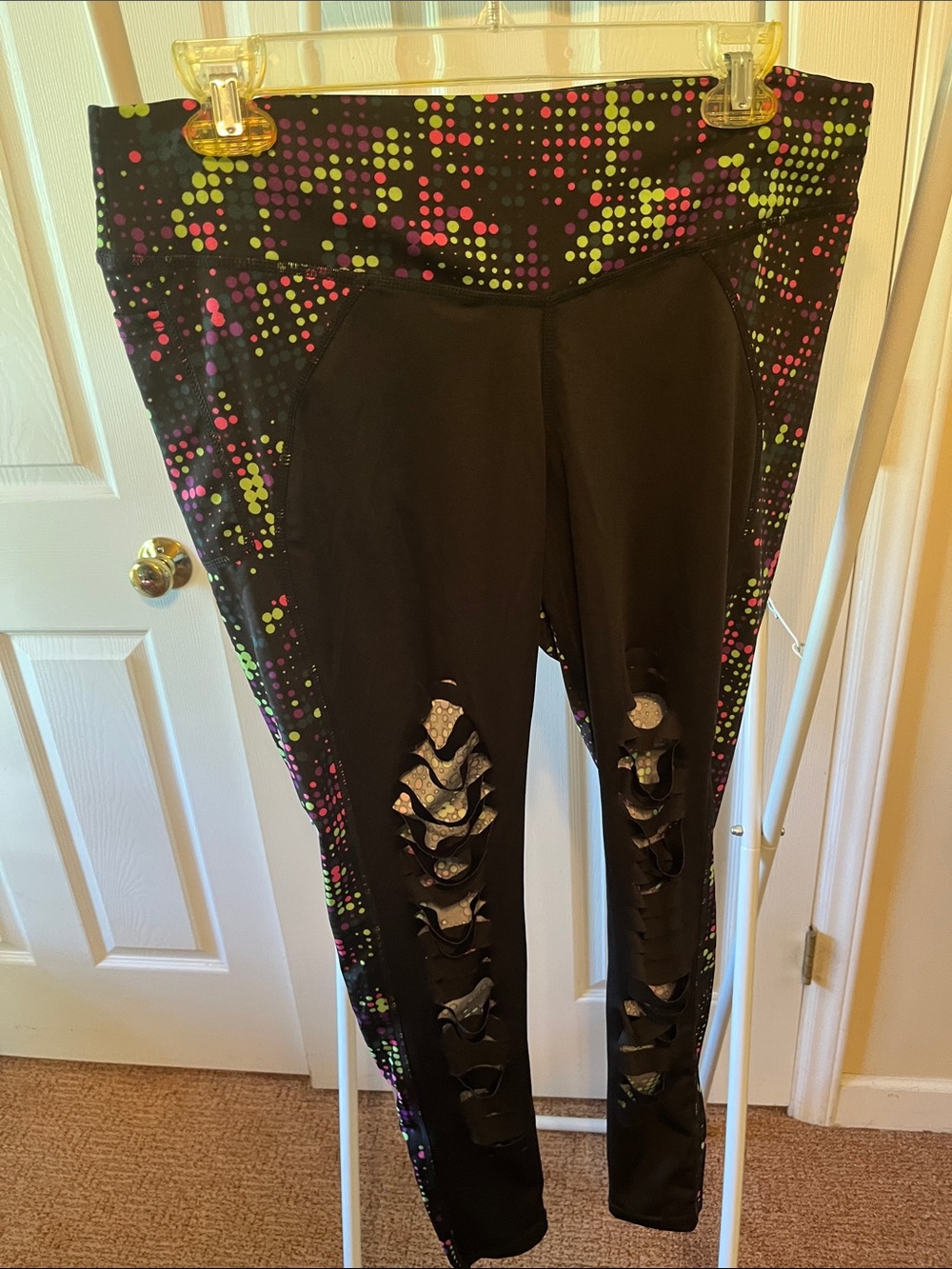 Black Leggings with Neon Dot Accents W19”L36” Inseam 23” Size L/XL